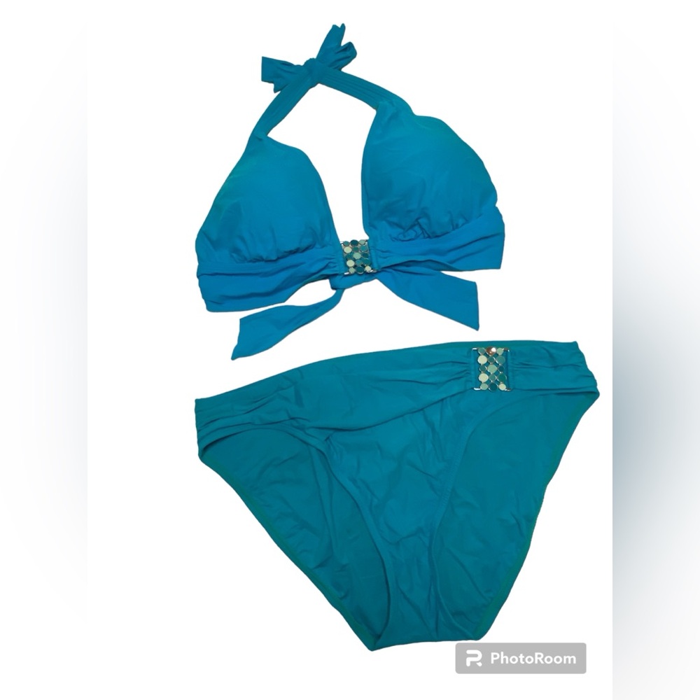 2 Bamboo Turquoise Two Piece Halter Top Bikini Swimsuit